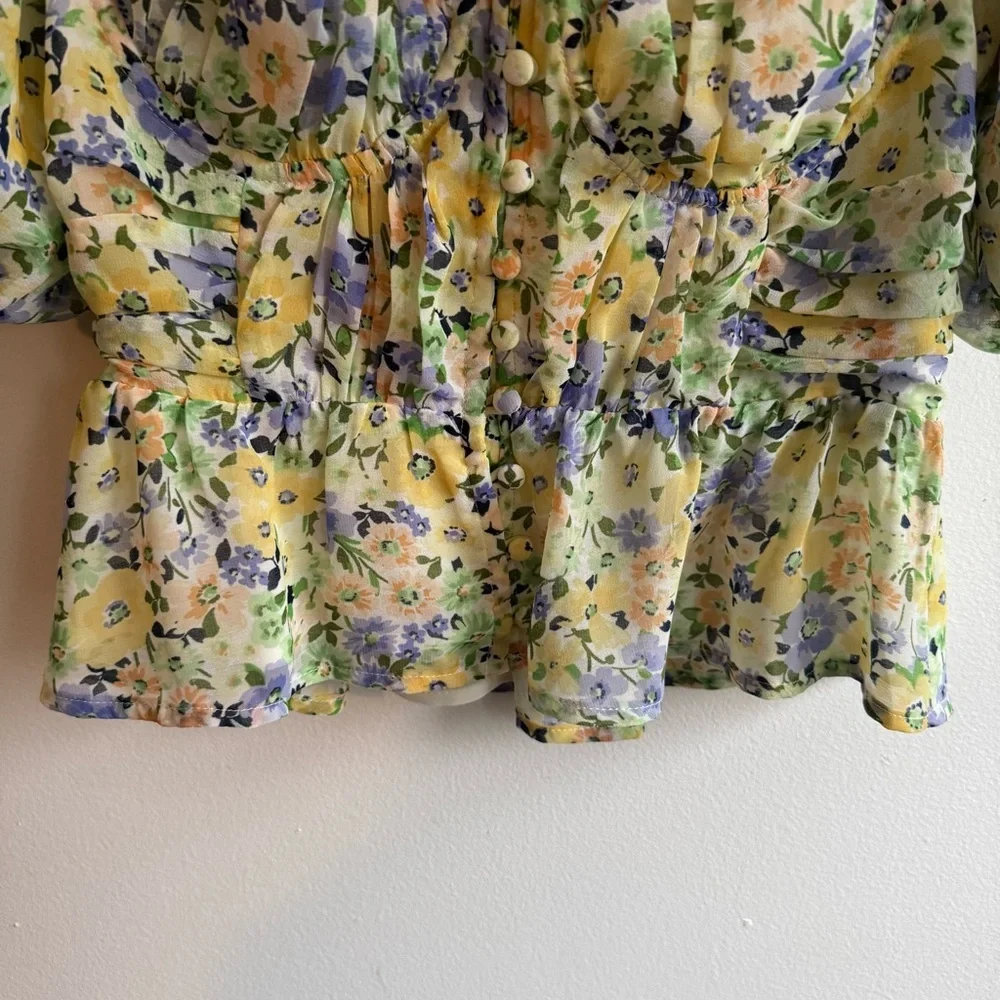 Astr Floral Puff-Sleeve Peplum Milkmaid Babydoll Top in Yellow and Lavender - Picture 7 of 11